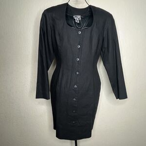 Vintage 80s Brass Plum Nordstrom Black Linen Blend Long Sleeve Dress Women’s Med